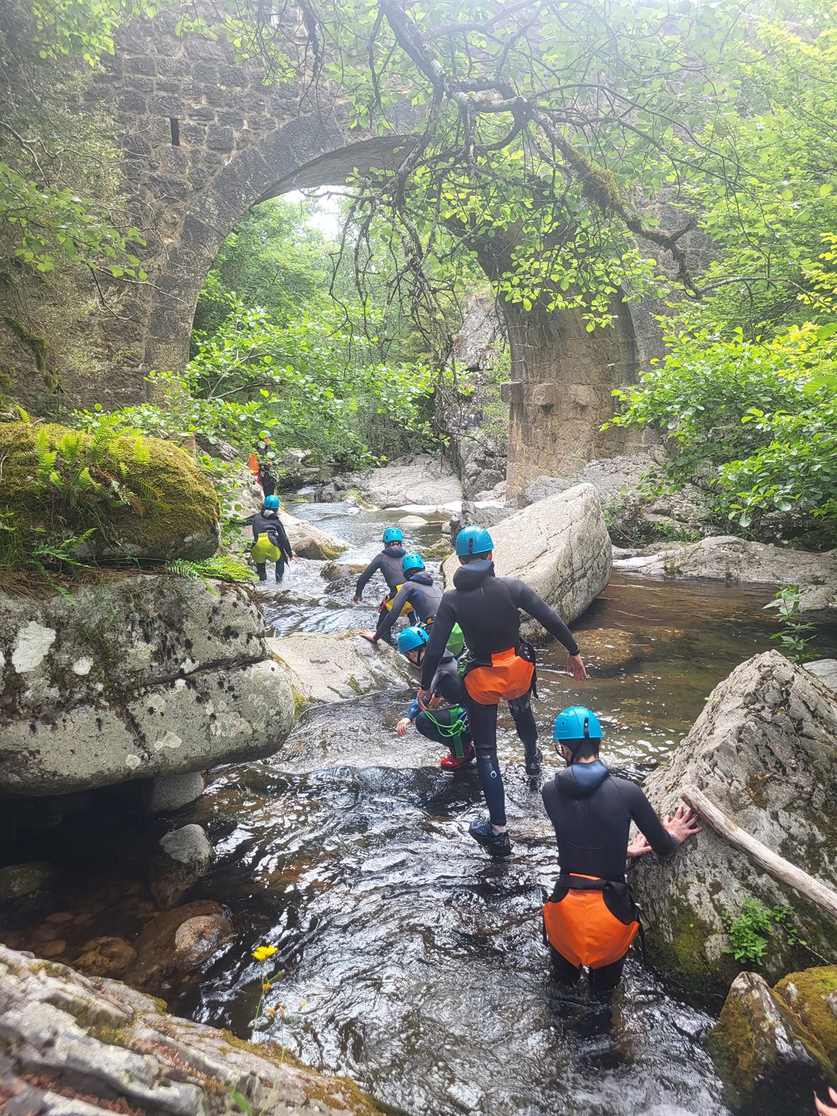 Groupe en combinaison remontant la rivière du Bonheur sous le pont de pierre, canyon du Bramabiau au mont Aigoual, Cévennes