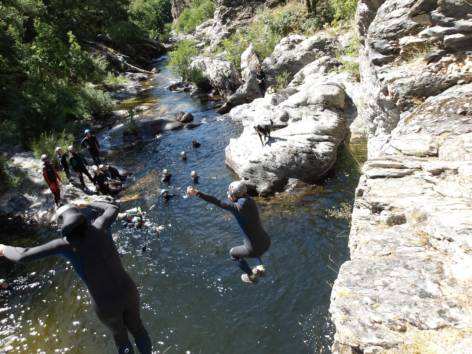 Saut d'enfants dans le canyon du Tayrac, randonnée aquatique familiale à l'entrée des Cévennes, de 8 à 77 ans