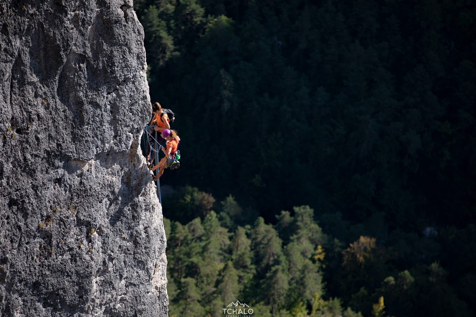 Climbing rope team on a limestone cliff in the Jonte Gorges, sport routes from 10 to 30 metres