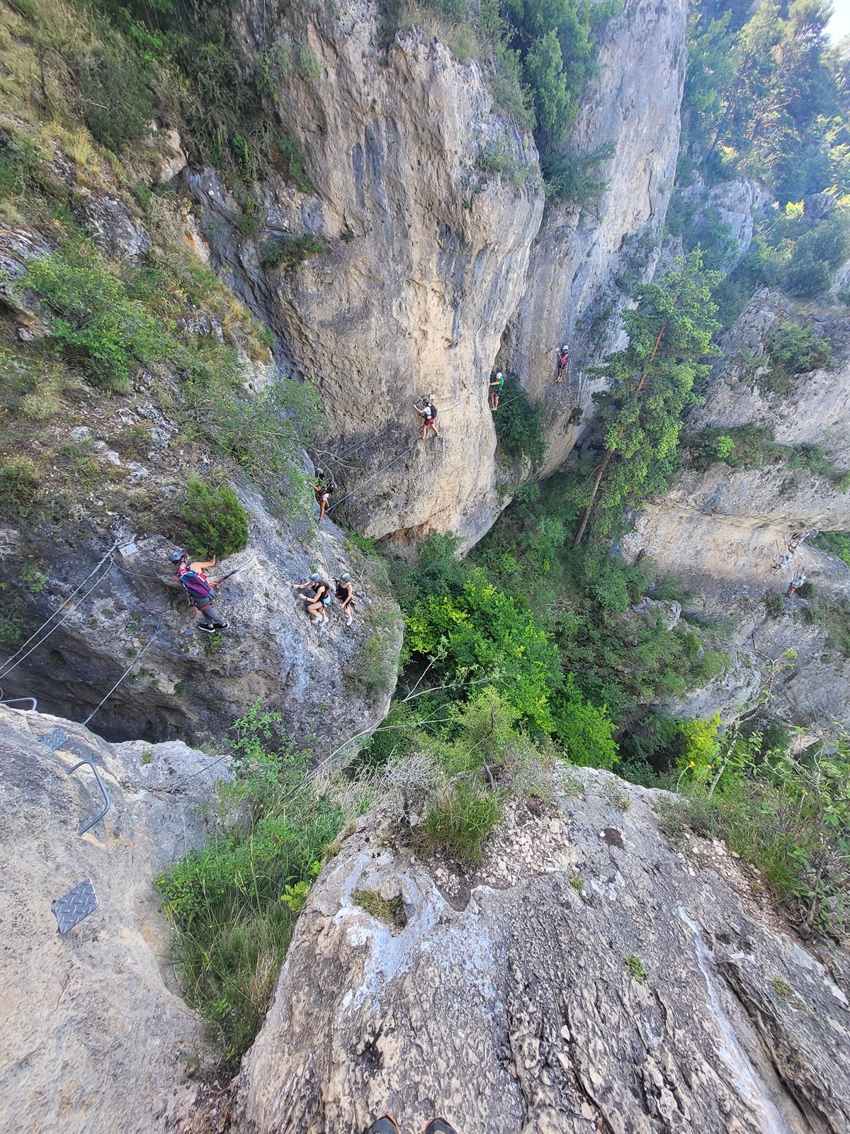 Plusieurs participants répartis sur la paroi de la via ferrata de Liaucous au-dessus d'un vallon boisé des gorges du Tarn et de la Jonte, près de Millau