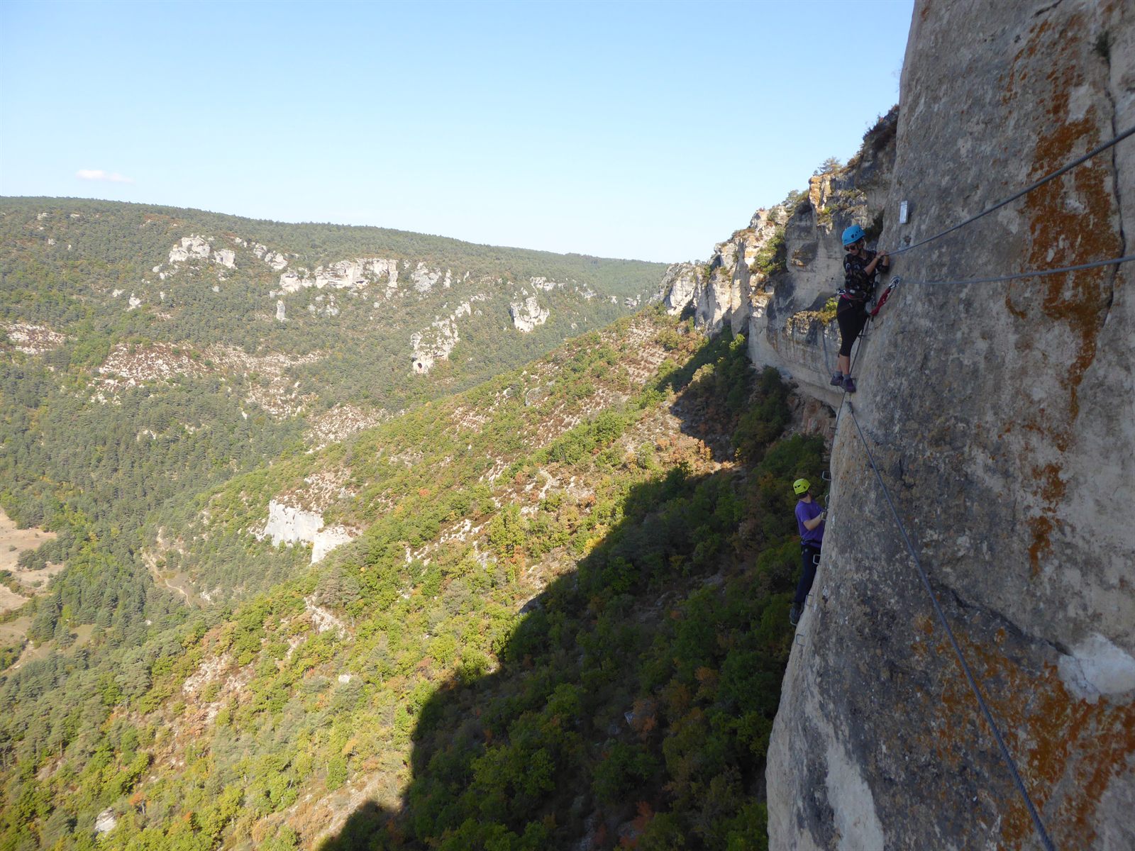 Via ferrata de Liaucous overlooking the Tarn valley, view of the Jonte Gorges and the Causses Noir, Méjean and Sauveterre